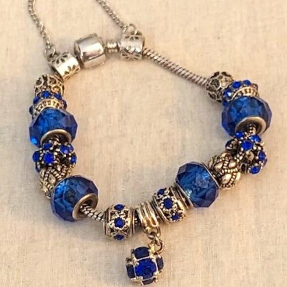 Charm Bracelet With Blue Crystal Beads in Silver Tone Metal with Safety Chain - Picture 1 of 13